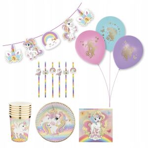 Consumabile pentru petrecere cu tematică Unicorn: baloane, farfurii, pahare, șervețele, paie și banner - Fate de masa de petrecere