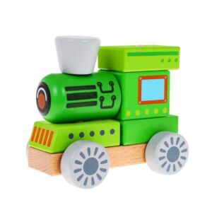 Trenuleț din lemn realizat din blocuri de construcție verzi, jucărie educativă pentru copii - Ramiz Tren, element feroviar, autostradă