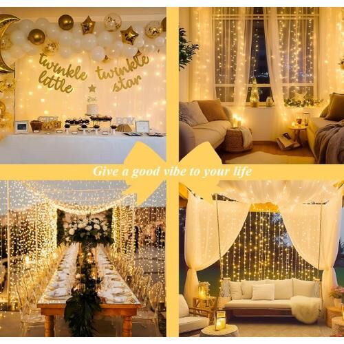 Kollázs a Meleg Fehér Flex LED fényfüggöny felhasználásáról partin, nappaliban, esküvőn és kültéri dekorációként