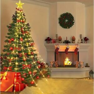 Karácsonyi LED-Wasserfall-Lichterkette mit Sternaufsatz schmückt einen Weihnachtsbaum in einem Wohnzimmer. - Weihnachten