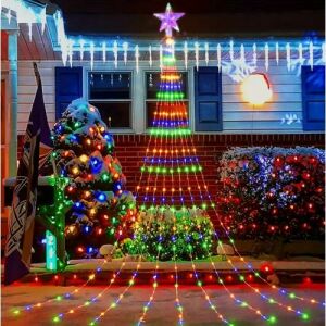 Karácsonyi LED Vízesés Fényfüzér csillaggal díszítve egy házat karácsonyra - Fényfüzér