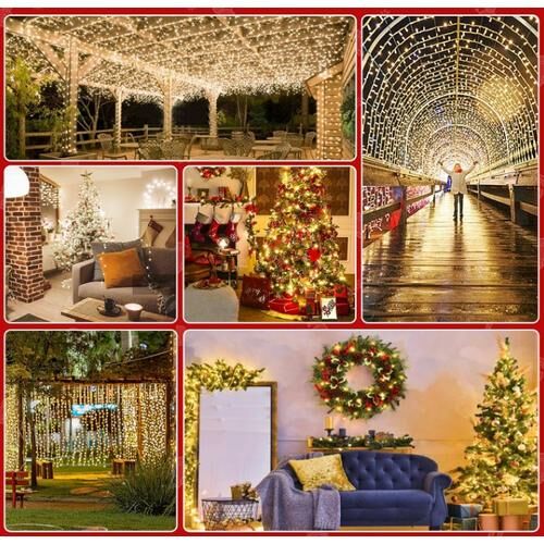 Collage von Innen- und Außendekorationen mit Warmweißen LED-Lichterketten