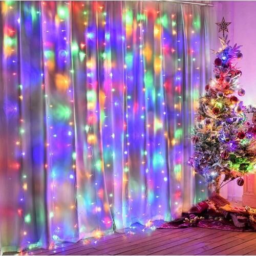 Nano Led Karácsonyi fényfüggöny 8 programmal, színes fényekkel díszített karácsonyfa