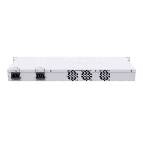 Mikrotik CRS326-24S+2Q+RM Cloud Router Switch hátsó nézet, a tápellátás bemeneteit és a hűtőventilátorokat mutatja - Hálózati switch