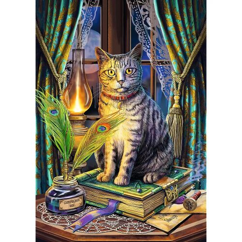 Részletes illusztráció egy macskáról, amely egy könyvön ül az 'Árnyak könyve' 1000 darabos puzzle-ben - Puzzle és kirakó