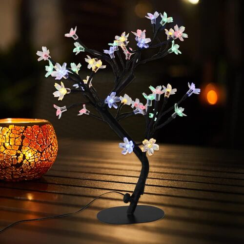 LED cseresznyevirág fa lámpa, 36 fény, 40 cm, fekete ágak, dekoratív asztali lámpa