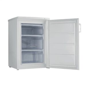 Szögletes nézet a nyitott SanGiorgio SF10SWE mini fagyasztóról fiókokkal - Sangiorgio