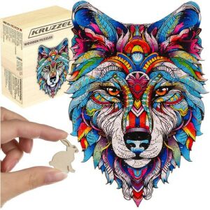 Kruzzel Színes fa puzzle farkas with rabbit piece and box - Puzzle