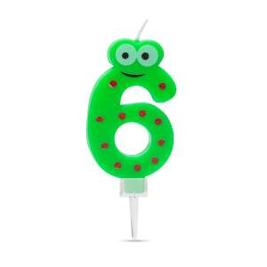 Green number 6 birthday candle with frog face and red dots - Birthday Candle & Cake Topper