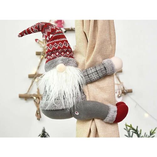 Legătură de perdea cu gnom de Crăciun, gri și roșu, ținând perdelele