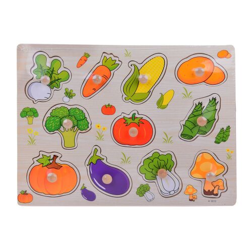 Holzsäulen-Puzzle mit Gemüse für Kinder, 11 Teile, enthält Karotte, Brokkoli, Tomate, Aubergine, Kürbis, Mais, Pilz, Spargel, Rübe, Kartoffel und Chinakohl