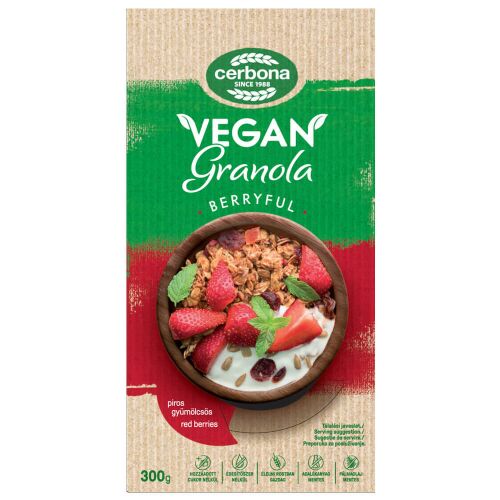Cerbona Vegán piros-gyümölcsös granola, 300g. Cukor hozzáadása nélkül.