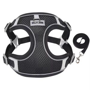 Légáteresztős, fényvisszaverős hám pórázzal "XL" - FEKETE