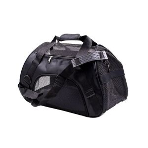 Kisállat hordozó M - FEKETE, fekete kisállat szállító táska hálós ablakokkal és állítható vállpánttal - Hordozó, autós box kisállatoknak