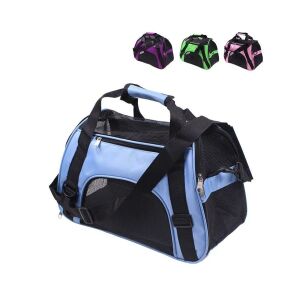 Kék kisállat hordozó táska, közepes méretű, hálós ablakokkal és vállpánttal - Hordozó, autós box kisállatoknak