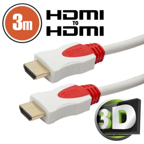 3 meter HDMI cable, HDMI to HDMI cable, white cable, gold plated connectors, 3D support