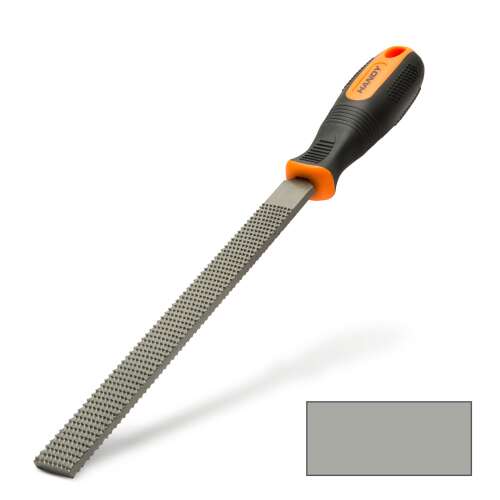 Handy flat wood rasp with medium coarseness, 8 inches long, black and orange handle