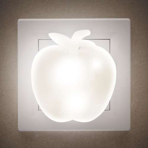 Apple shaped LED night light, warm white, plugged into a wall socket