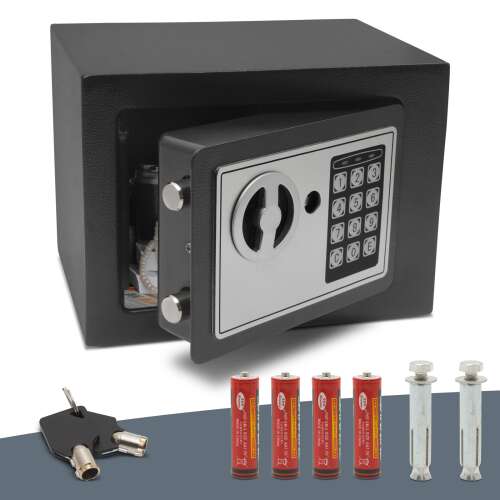Black electronic safe with digital keypad, 2 keys, 4 AA batteries and mounting screws