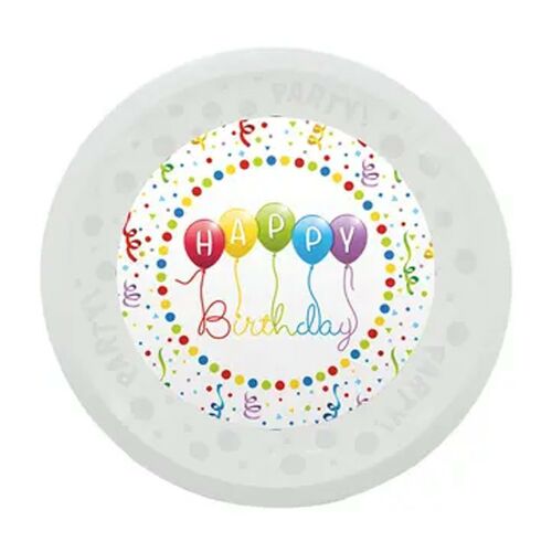 Talerz plastikowy Happy Birthday Streamers, 21 cm, zastawa stołowa na przyjęcia