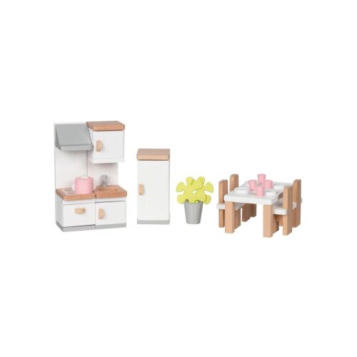 Goki fa babaház konyhabútor szett asztallal, székekkel, mosogatóval és hűtőszekrénnyel