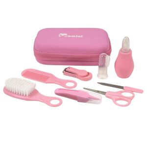 Momini Pinky 8 részes babaápoló készlet rózsaszínben, orrszívóval, kefével, fésűvel, ollóval, körömvágóval, reszelővel, szilikon fogkefével és csipesszel. - Babaápolási szett