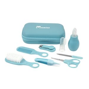 Set de îngrijire pentru bebeluși Momini Sky, 8 piese, albastru, include aspirator nazal, perie de păr, pieptene, foarfecă, unghieră, pilă, periuță de dinți din silicon și pensetă, ideal pentru călătorii. - Seturi pentru îngrijirea bebelușilor