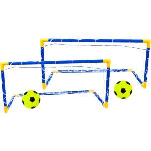 Dve modré a žlté plastové futbalové bránky s bielymi sieťami a dve žlté futbalové lopty - Futbalové a hádzanárske bránky