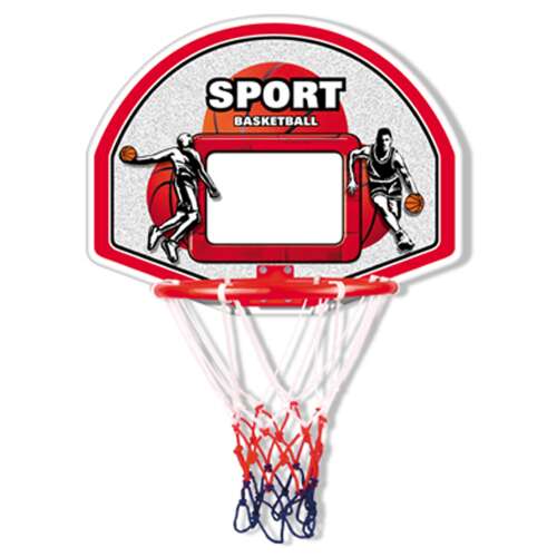 Basketballkorb mit Rückwand, rotem Ring, weißem Netz und Basketballspieler Grafik