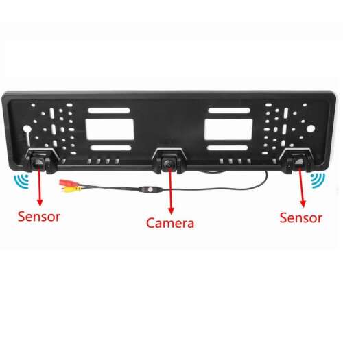 Rear view camera and parking sensor integrated into a license plate holder