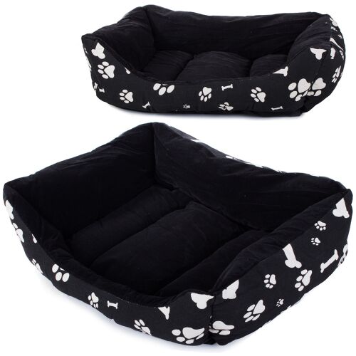 Medium-sized, padded dog bed with bone and paw print design, 54cm x 45cm x 15cm, black