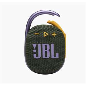 JBL Clip 4 portable waterproof Bluetooth speaker in green with purple and yellow accents - Headphone and Bluetooth Speaker