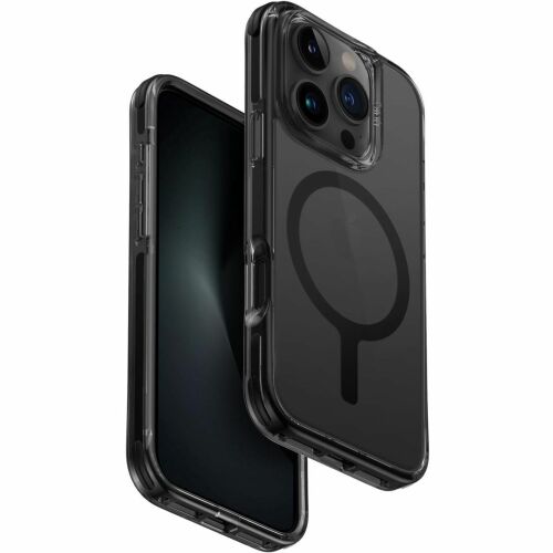 UNIQ Combat MagClick Charging iPhone 16 Pro tok karbon fekete színben, átlátszó kivitelben MagSafe gyűrűvel, tartós TPU és polikarbonát anyagból a telefon védelem és vezeték nélküli töltés kompatibilitás érdekében - Telefontok