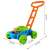 Bubble blowing lawnmower toy, blue and green, with orange handle, dimensions