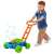 Child playing with bubble blowing lawnmower toy, blue and green, with orange handle