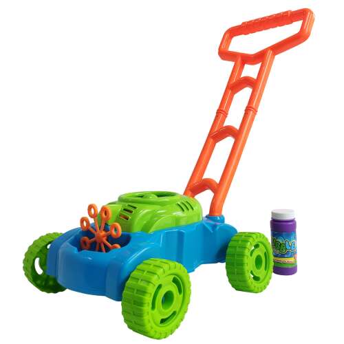 Bubble blowing lawnmower toy, blue and green, with orange handle