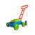 Bubble blowing lawnmower toy, blue and green, with orange handle