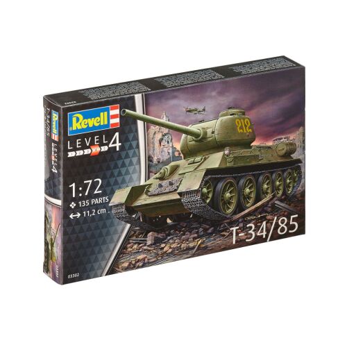 Revell T-34/85 1:72 méretarányú makett készlet, részletes replika hobbi és gyűjtők számára.