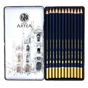 Zestaw ołówków grafitowych ASTRA, otwarte metalowe pudełko z 12 ołówkami do szkicowania - Astra