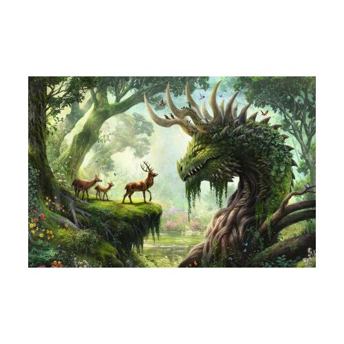 Puzzle asamblat de 3000 de piese cu un dragon de pădure și căprioare