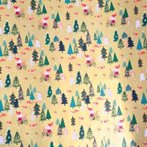 Papier matowy do pakowania prezentów, złota dekoracja z choinkami i Mikołajem, 200x70 cm 112594436 - Sztuka i hobby