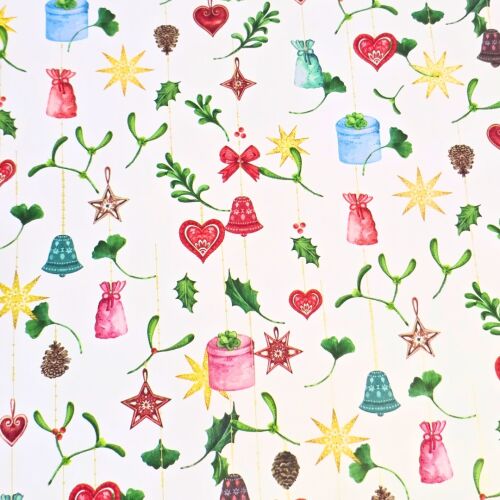 Матова хартия за опаковане на подаръци, бяла декорация с камбанки, сърца и звезди, 200х70 см 112594429