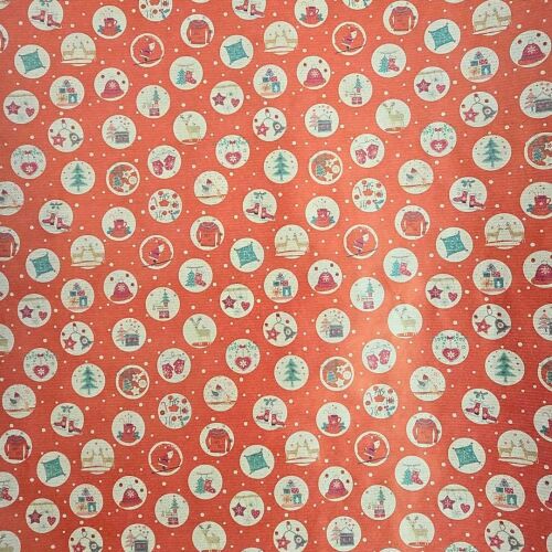 Nátronpapír ajándékcsomagoláshoz, piros dekoráció különféle karácsonyi részletekkel, körben, 200x70 cm