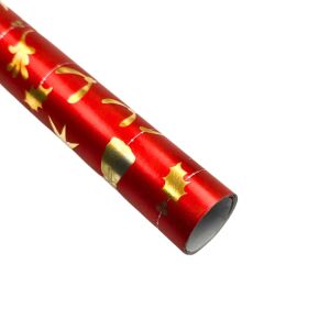 Metallisches Papier zum Verpacken von Geschenken, rote Dekoration mit Glöckchen, Herzen und Sternen, 150x70 cm