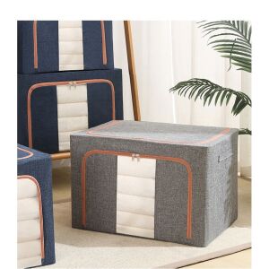 Cutie de Depozitare Pliabila, KipHome, 66 L, din Bumbac si In, 50x40x33 cm, Fereastra Frontala, 2 Usi de Acces cu Fermoar Bidirectional, Cadru Metalic, Suport Baza Stabil din Plastic, Gri 112612479 - Depozitare și organizare