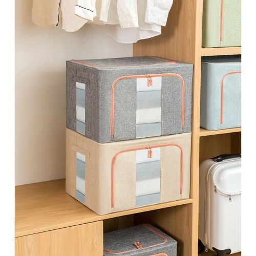 Cutie de Depozitare Pliabila, KipHome, 24 L, din Bumbac si In, 40x30x20 cm, 2 Ferestre, Frontala si Laterala, 2 Usi de Acces cu Fermoar Bidirectional, Cadru Metalic, Suport Baza Stabil din Pl