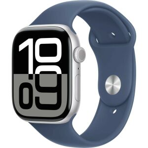 Apple Watch Series 10 46mm ezüst alumínium tok farmer sport szíjjal, ferde nézet - Apple