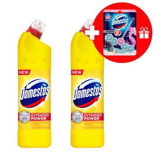 Domestos Extended Power fertőtlenítő hatású folyékony Tisztítószer Citrus 2x750ml + Ajándék WC-frissítő Blokk