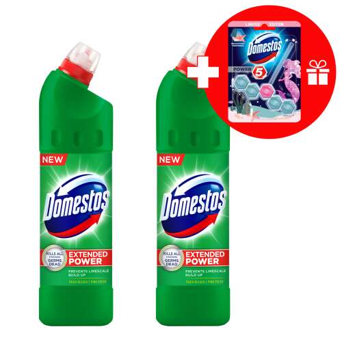 Domestos Extended Power fertőtlenítő hatású folyékony Tisztítószer Pine 2x750ml + Ajándék WC-frissítő Blokk