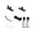 Black ceiling bike storage system parts: two ceiling mounts, two pulleys, two hooks, rope, and screws